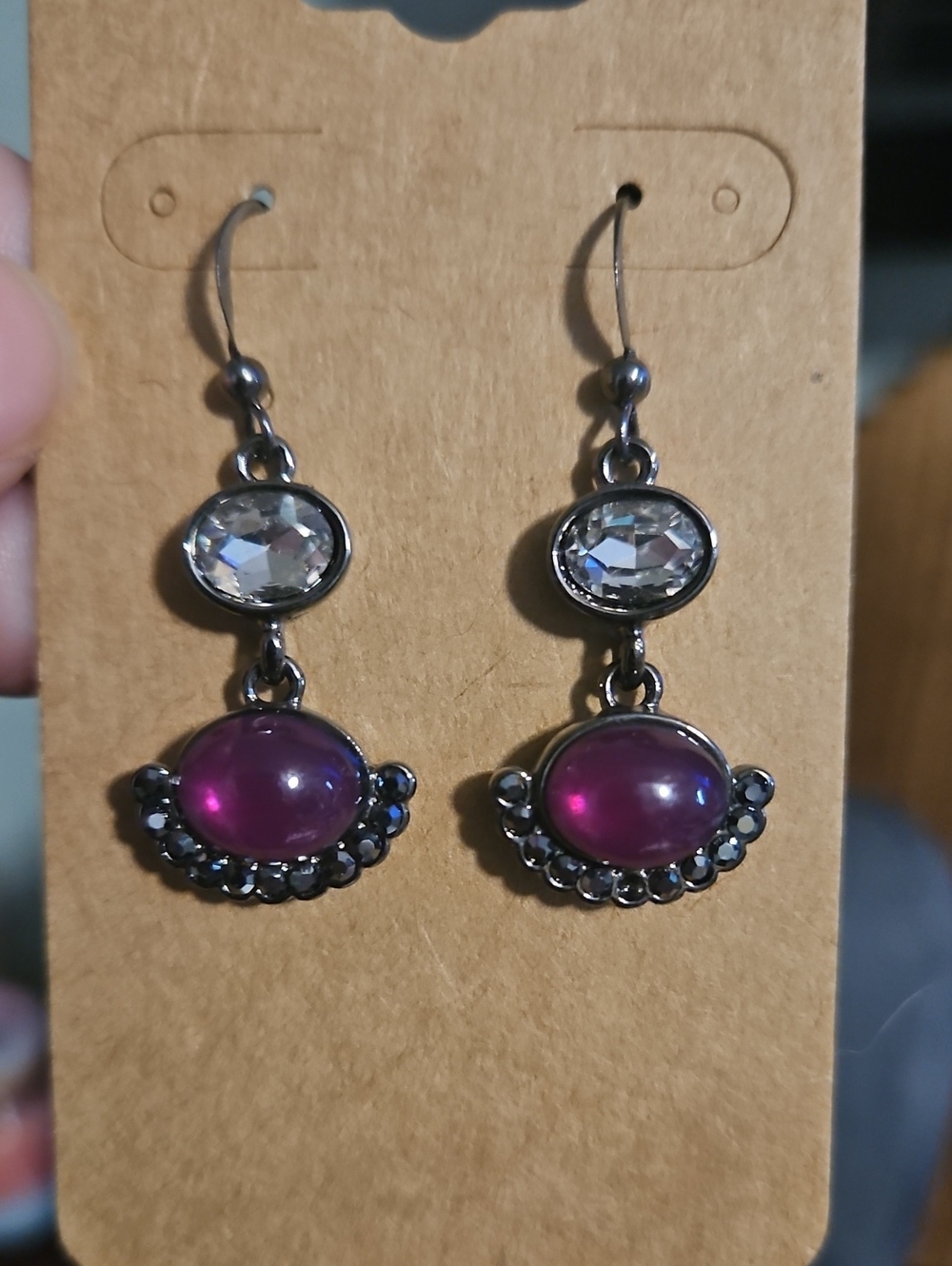 Purple Cabochon Drop Earrings with Clear Crystal Accent